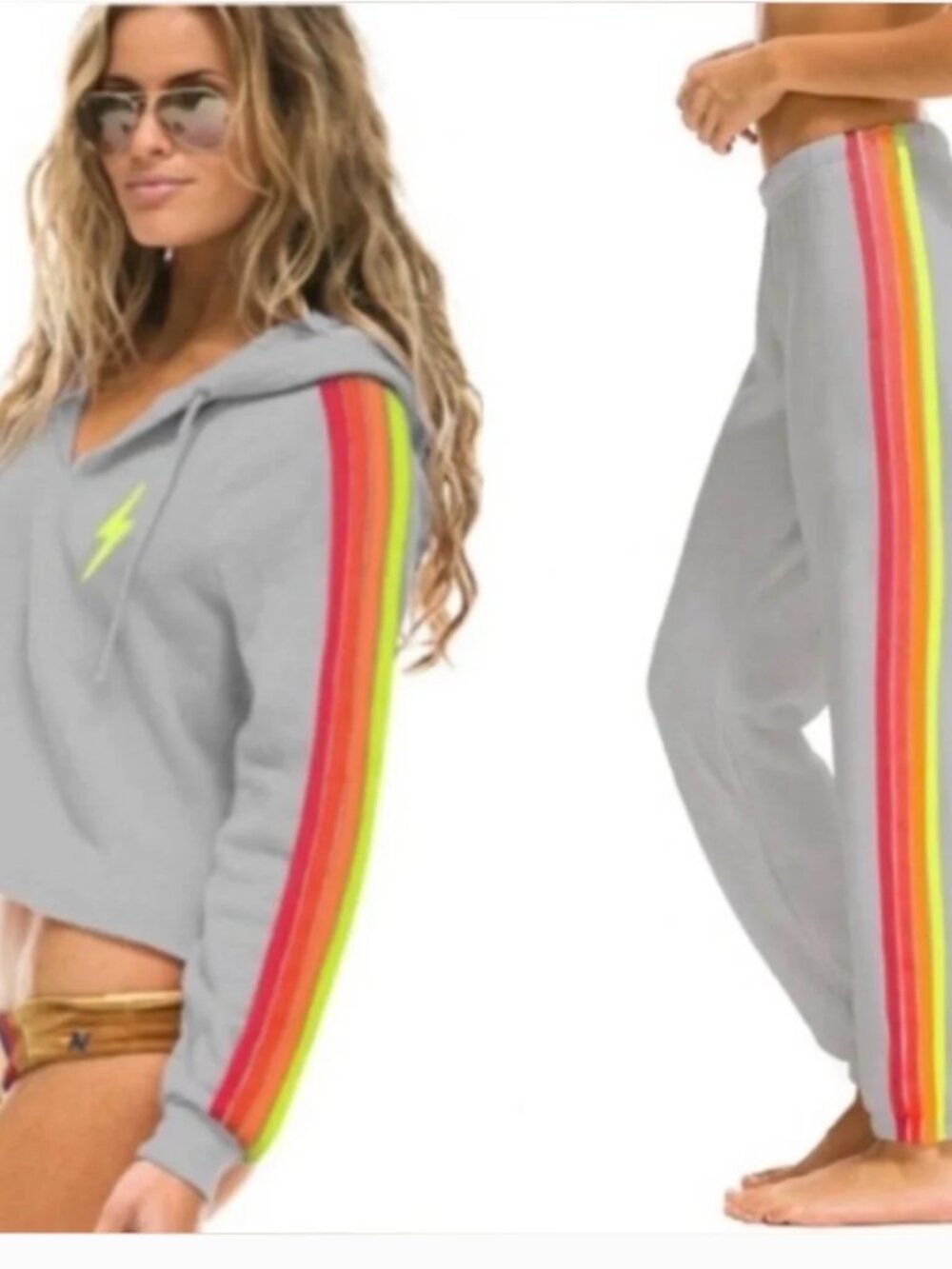 Aviator Nation NWT CLASSIC 4 STRIPE SWEATSUIT - LIGHT GREY NEON SMALL top/bottom